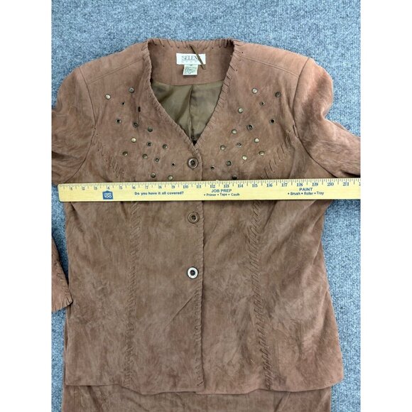 Selene Sport Jacket Skirt Set Women's 12 Brown Faux Suede Button Up Embellished - Picture 5 of 11
